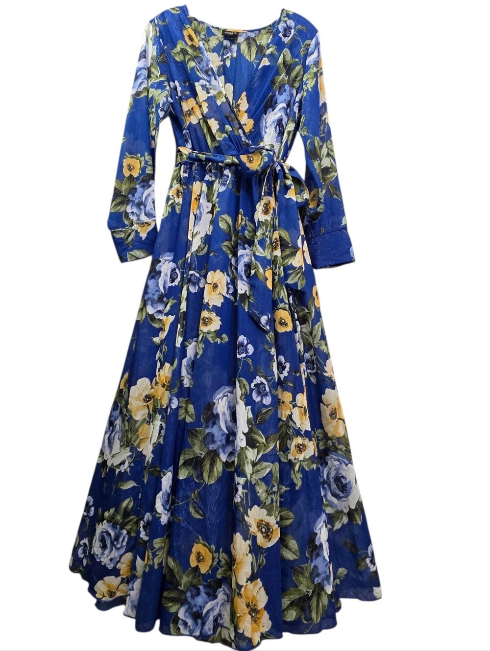 Nwot Alexa B Nites Royal Blue Gold Floral Longsleeve Faux Wrap Flowy Maxidress